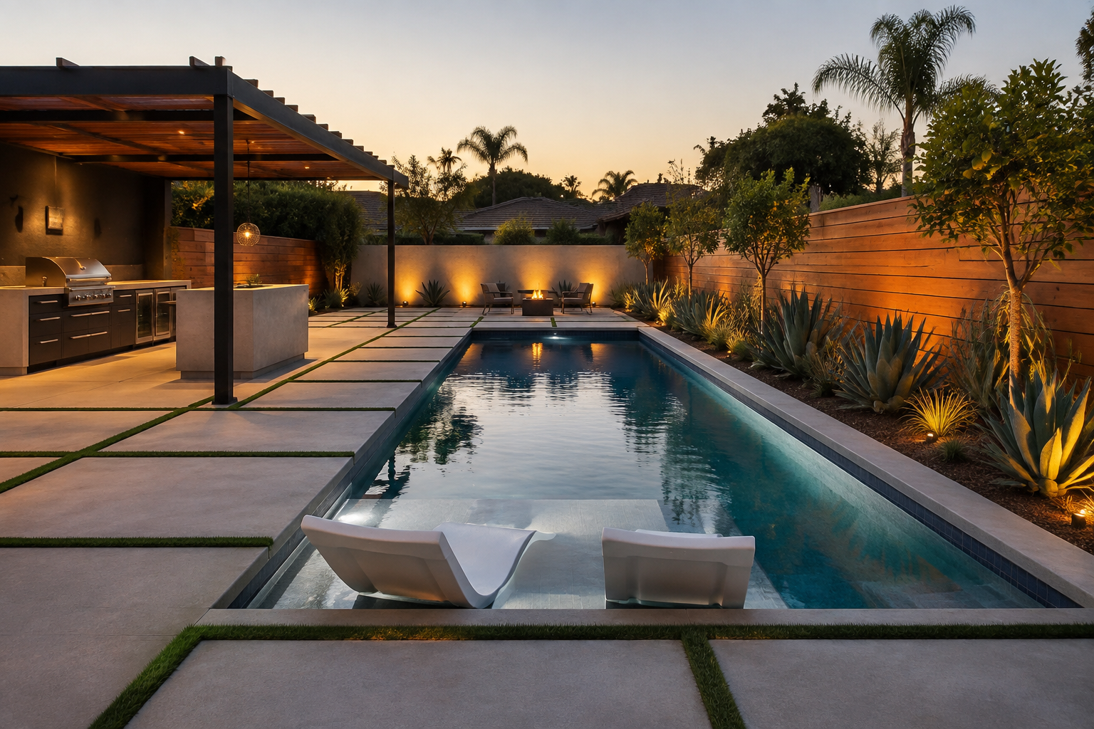 Backyard landscape with a swimming pool and adjacent hot tub, surrounded by drought-tolerant plants, rocks, and a shaded outdoor seating area