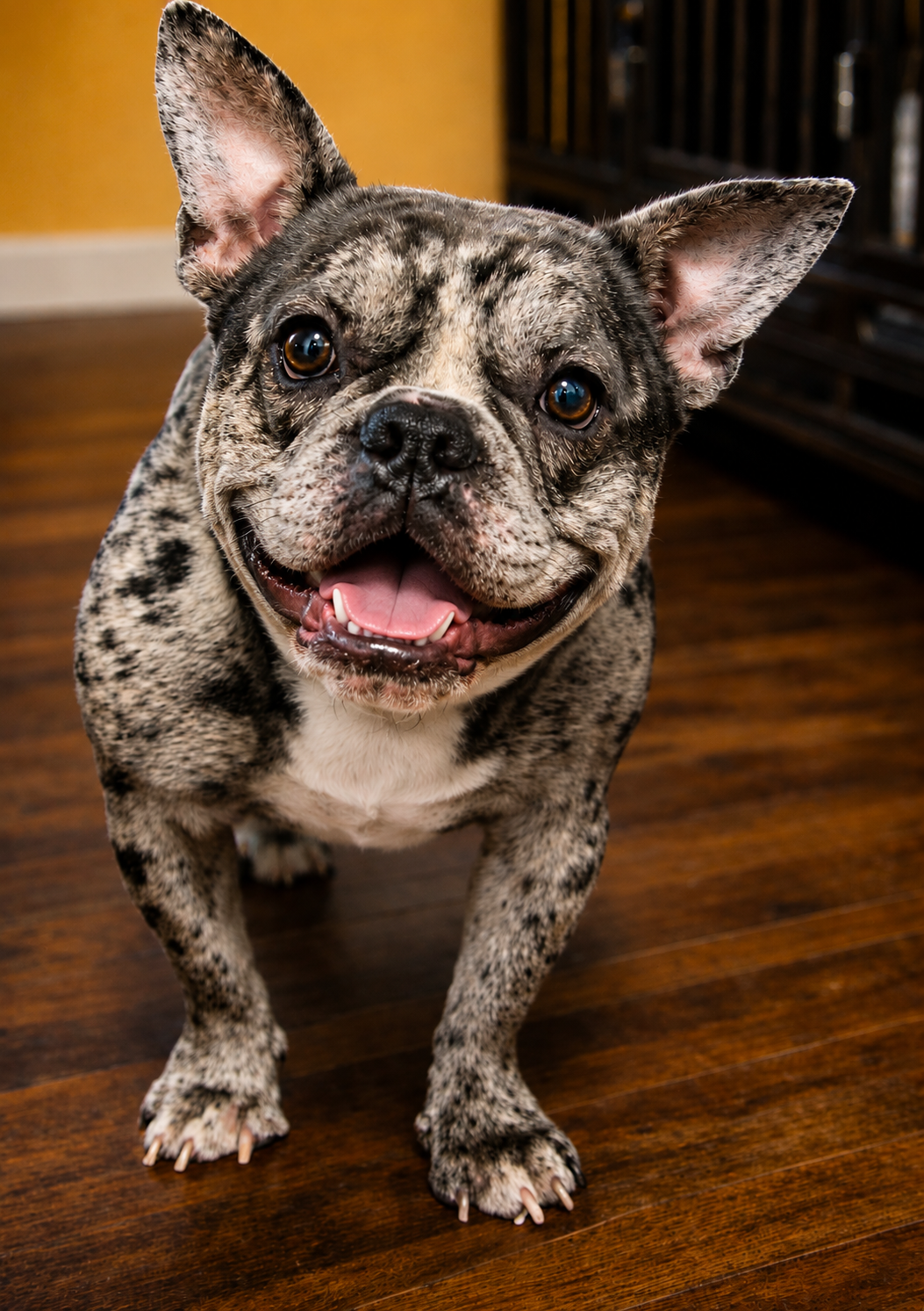 French bulldog standing indoors well do you