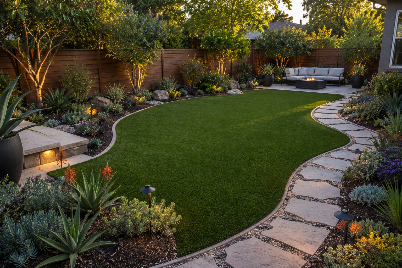 California backyard landscape featuring a curved concrete walkway, green lawn, drought-tolerant plants, succulents, outdoor seating, and a fire pit surrounded by trees and fencing.