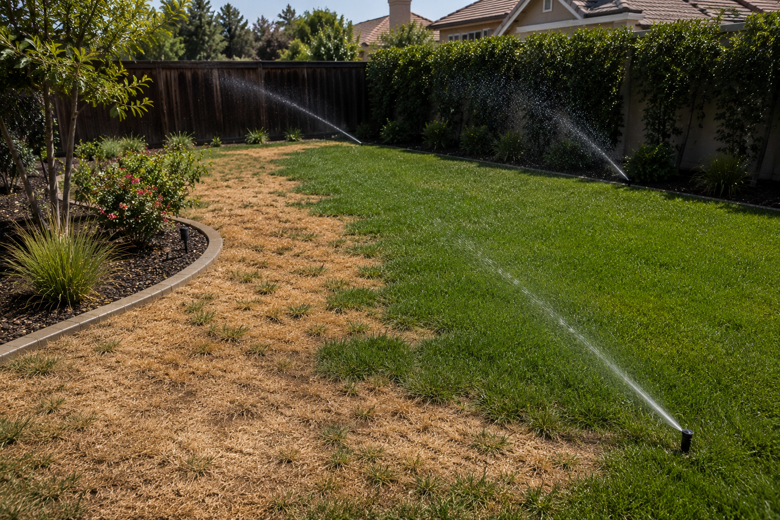A backyard with a mix of green and brown grass being irrigated by a sprinkler system, with some landscaping plants and bushes along the fence.