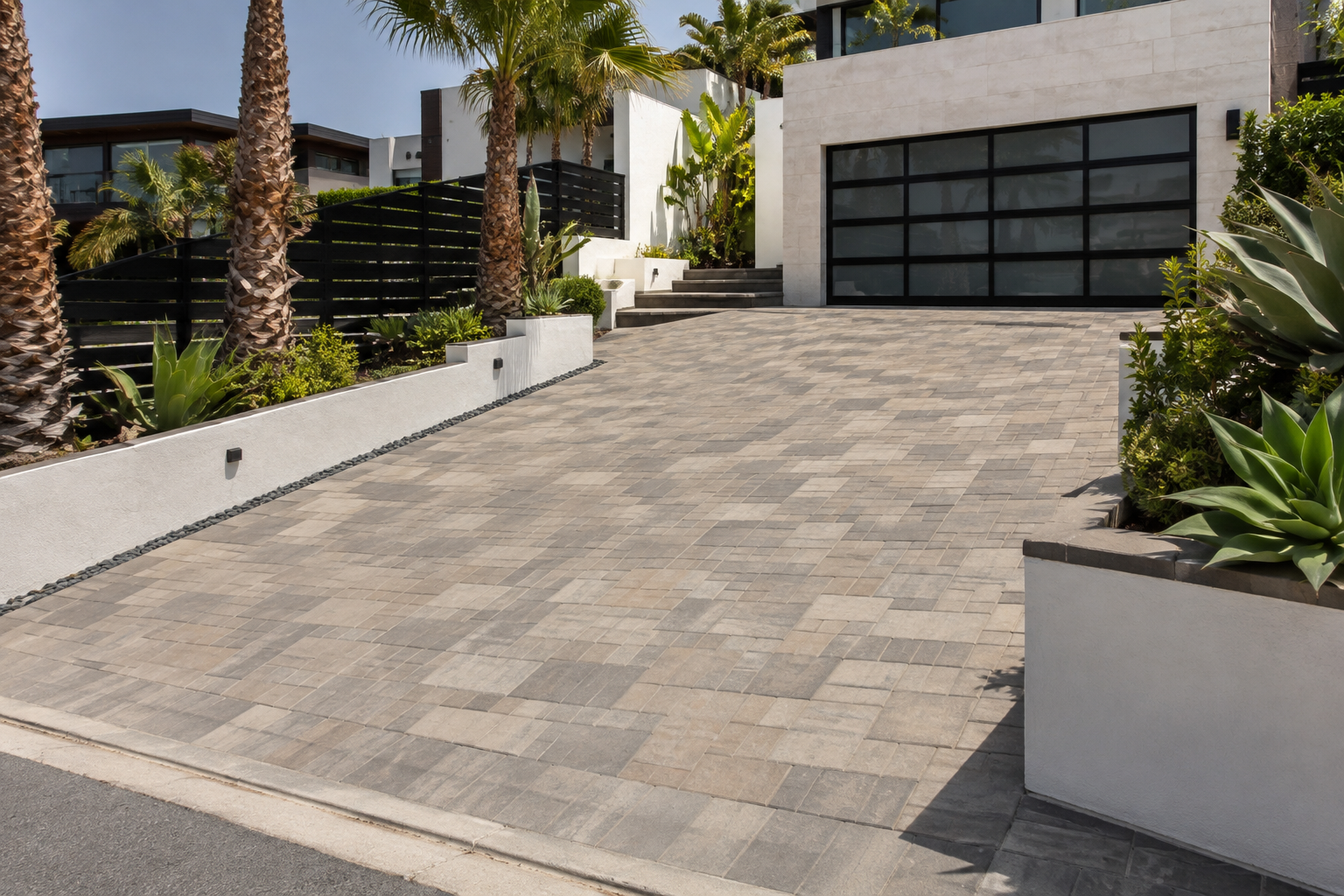 Modern front driveway with beige paving stones leading to a black garage door, surrounded by white concrete planters with green succulents and palm trees.