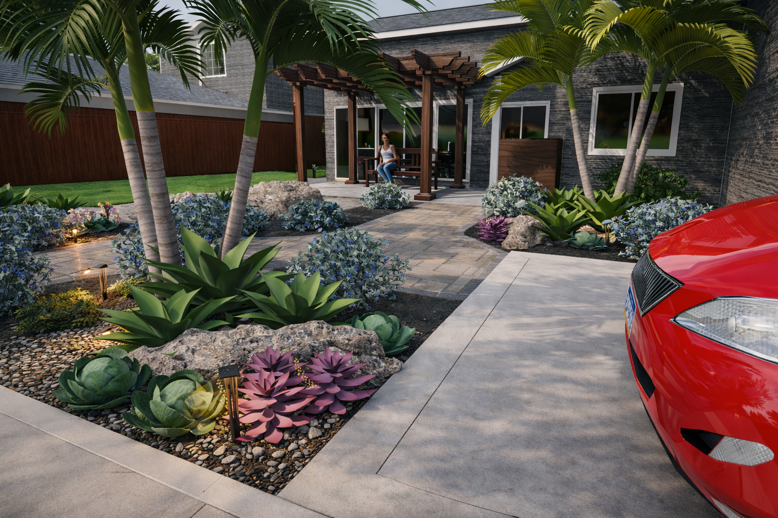 A modern backyard with a landscaped garden, stone pathway, a small wooden pavilion, and a red car parked on concrete pavement. A woman is sitting on a bench under the pavilion.  Landscape designer 3-D style near me