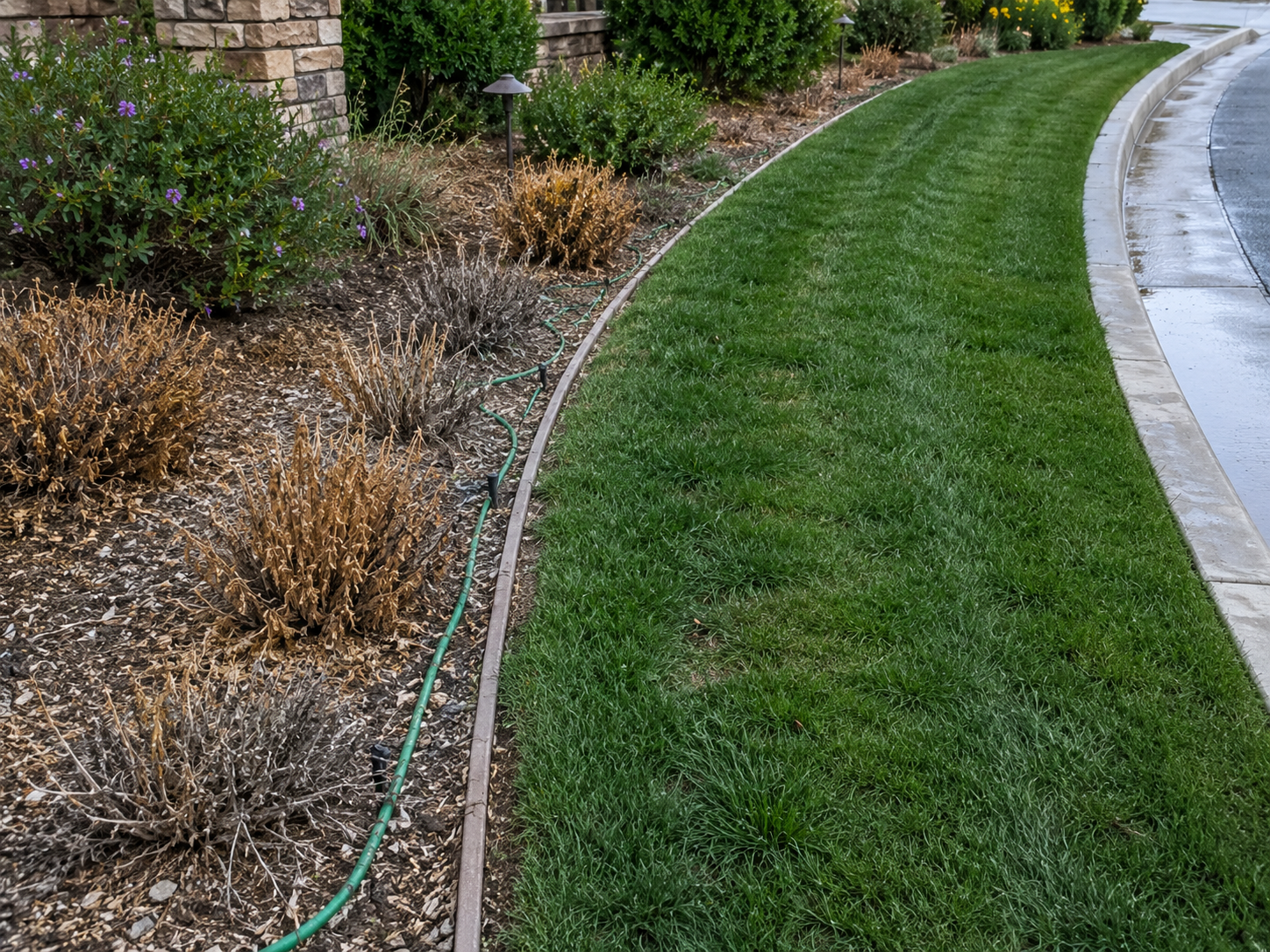 A landscaped garden with a green lawn, garden beds with dried plants, purple flowering bushes, a black landscape light, and a wet concrete sidewalk.