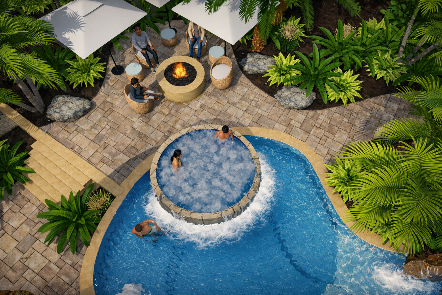 A backyard scene with a swimming pool, hot tub, tropical plants, a fire pit, and outdoor seating with umbrellas. People are relaxing in the hot tub and swimming in the pool.