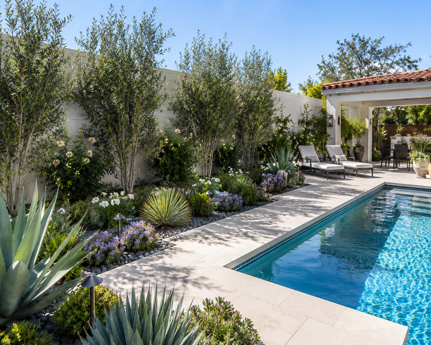A backyard with a swimming pool, lounge chairs, outdoor dining area, and lush greenery including trees, shrubs, and flowering plants under a clear blue sky.