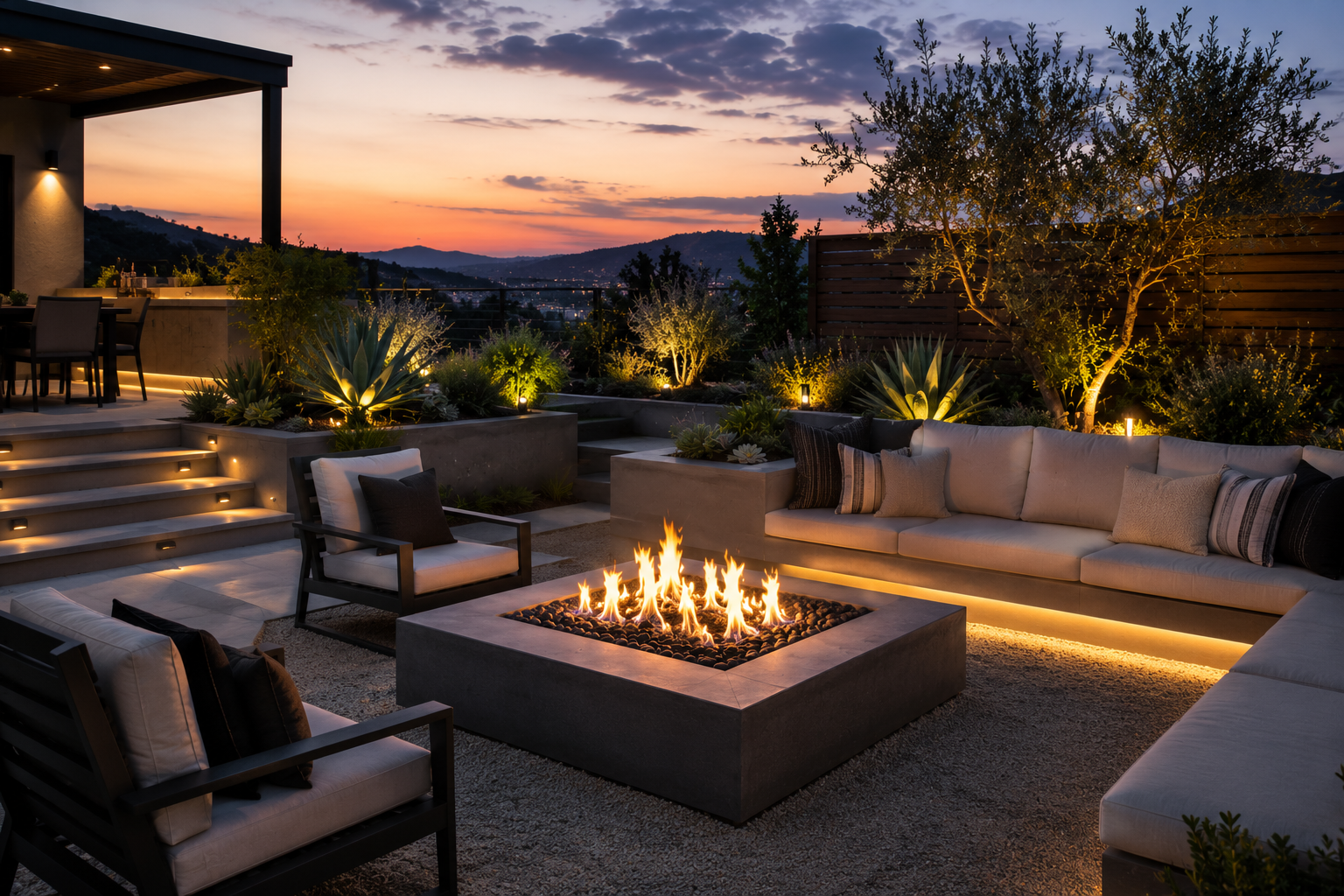 An outdoor patio at sunset with a fire pit, cushioned seating, and landscaped plants illuminated by small lights.