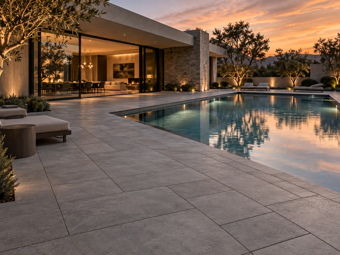 Luxury modern house with a large swimming pool, outdoor lounge chairs, and a view of a sunset with trees and mountains in the background.