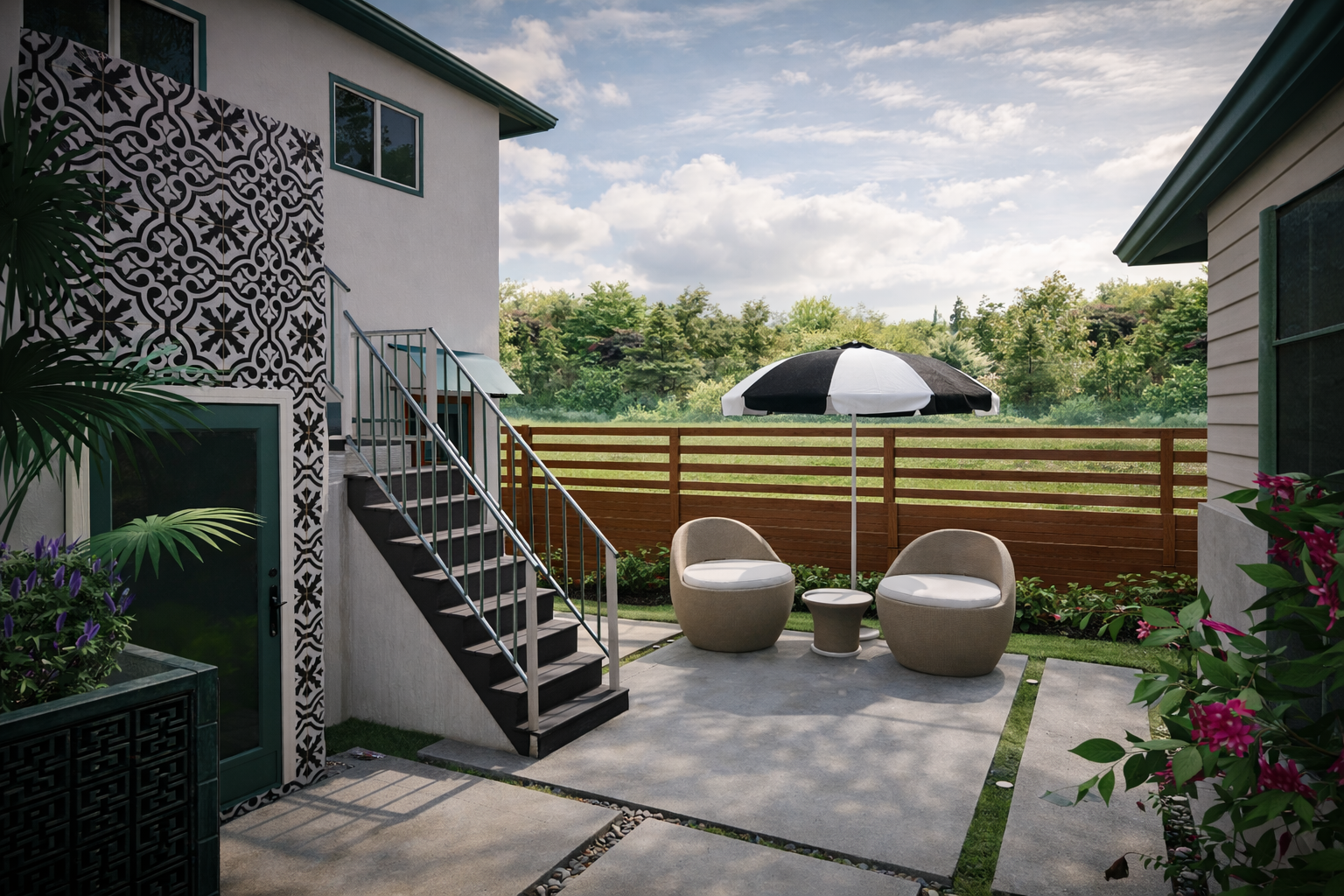 Outdoor patio area with two beige chairs, a small table, a black and white umbrella, and lush greenery in the background, enclosed by a wooden fence. Backyard design illustration 3-D. landscape contractor near me