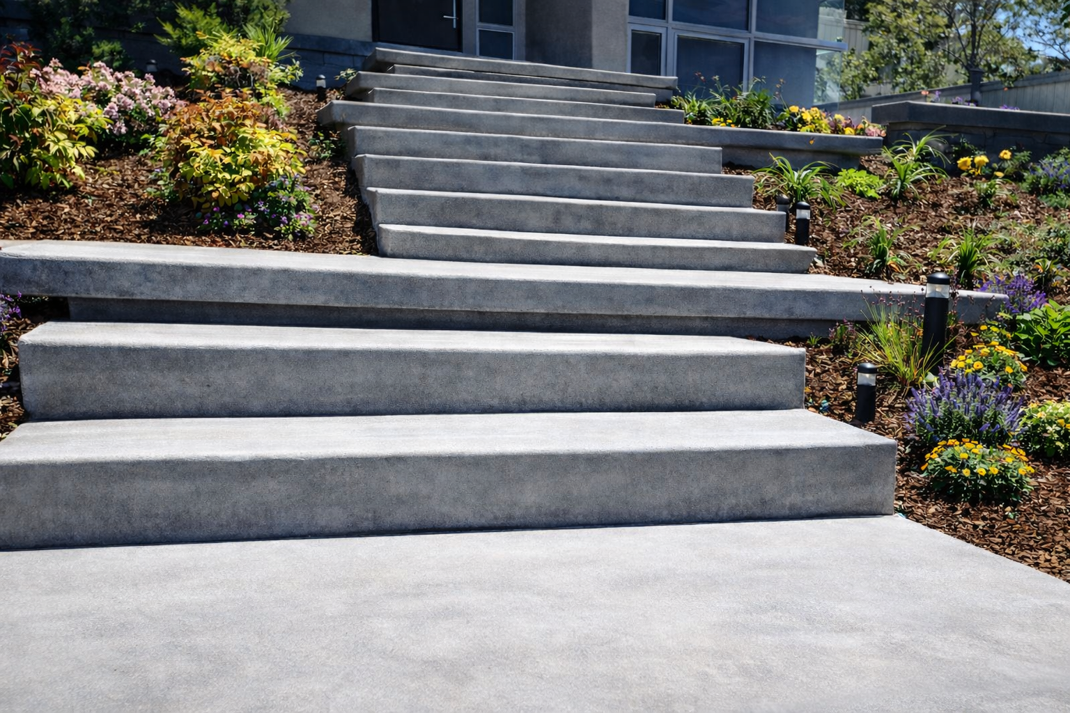 Concrete stairs leading up to a modern building, surrounded by landscaped flower beds with colorful flowers and small outdoor lights.
