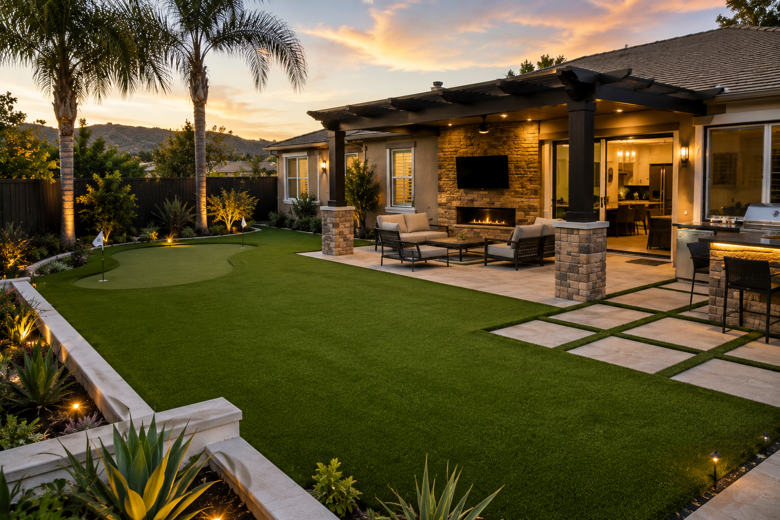 Backyard outdoor living space featuring a putting green, covered patio, fireplace, outdoor seating, television area, palm trees, and landscaped garden areas.