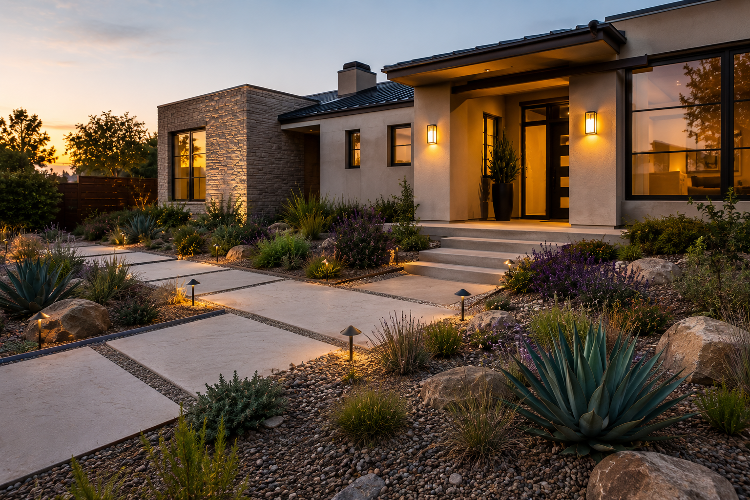 Modern Zone 0 landscape featuring decorative rock, fire-resistant plants, stone pathways, and defensible space around a contemporary home.