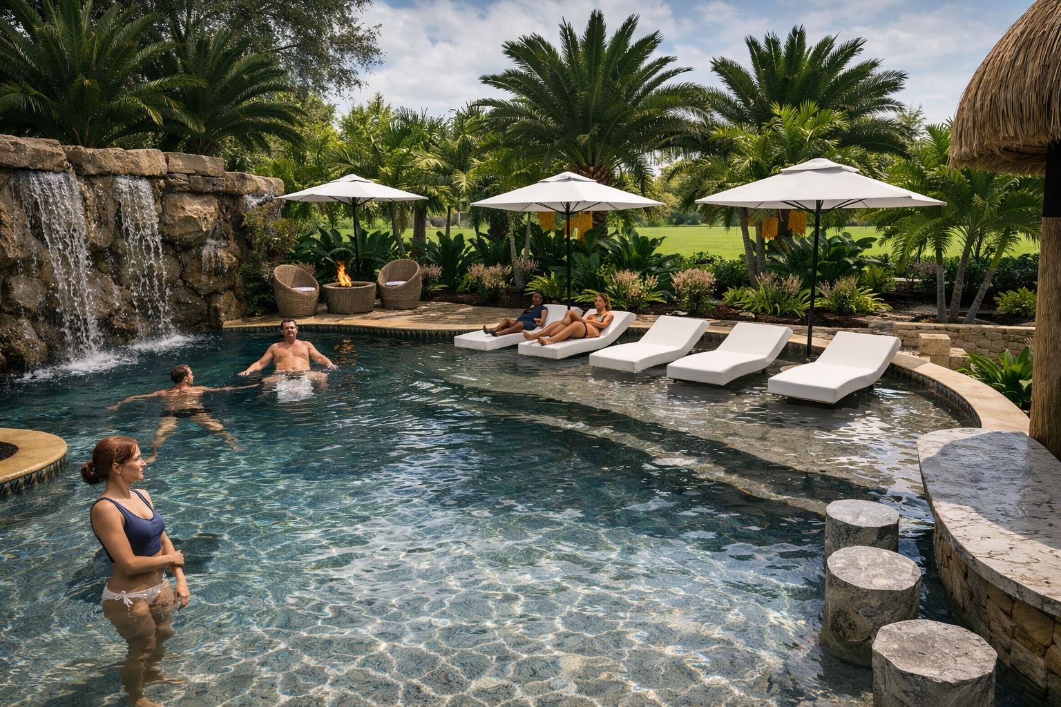 People relaxing at a backyard pool area with lounge chairs, umbrellas, a waterfall feature, and lush tropical landscaping. Contractor that can design, build and install a pool near me in San Diego