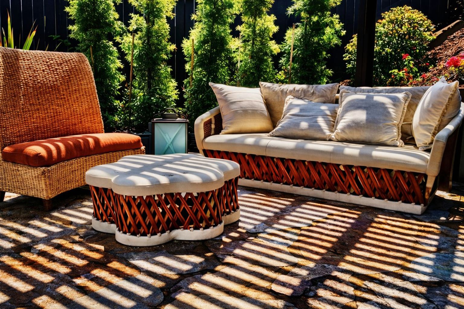 Outdoor patio with wicker and cushioned seating, including a wicker armchair with an orange cushion, a cushioned loveseat with numerous pillows, and a matching ottoman, surrounded by green plants and a black fence, with shadows cast by a trellis on t