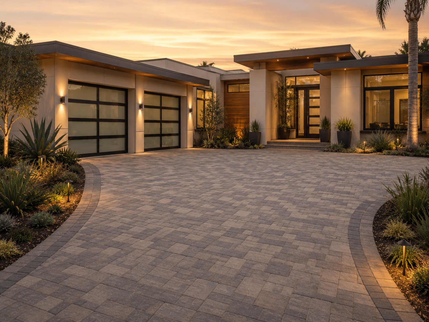 Modern house with a paved driveway, front entrance with steps, and landscaping with plants and outdoor lighting at sunset.
