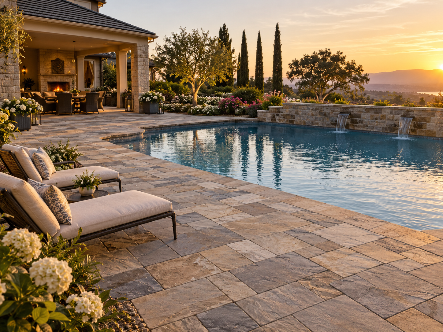 Luxury backyard with swimming pool, stone patio, lounge chairs, outdoor dining area, lush plants, trees, and a scenic sunset view.
