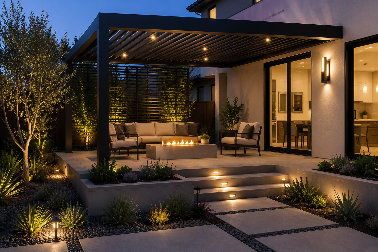 Modern backyard patio with outdoor seating, fire feature, and landscaping illuminated at dusk.