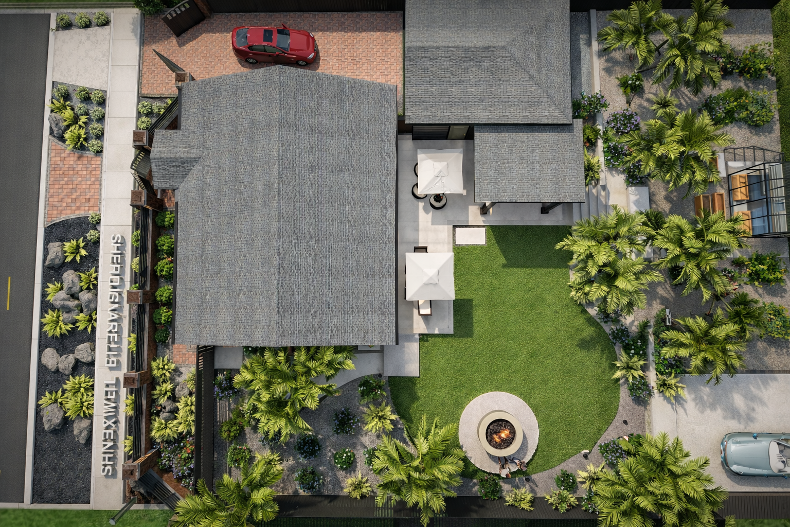 Aerial view of a house with a gray roof, surrounded by greenery, palm trees, and a lawn with a fire pit. There are two white umbrellas over patio furniture, a driveway with a red car, and a sidewalk with a sign that reads 'SHINEXWEL BETTER SHINES'.