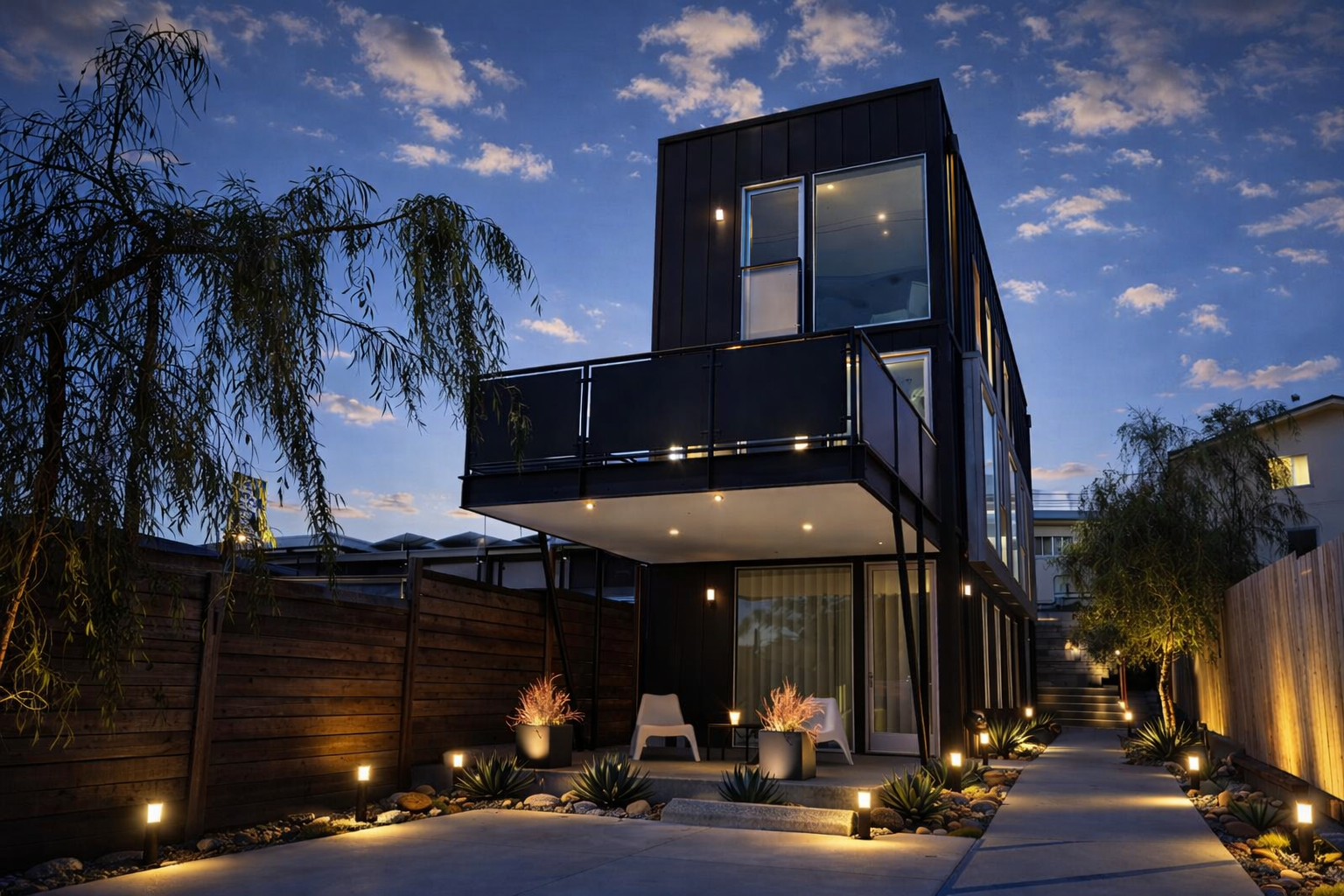 Modern black multi-story house with large glass windows, illuminated exterior lights, and a landscaped front yard with outdoor seating at dusk.   Landscape contractor that does lighting installation for low-voltage near me