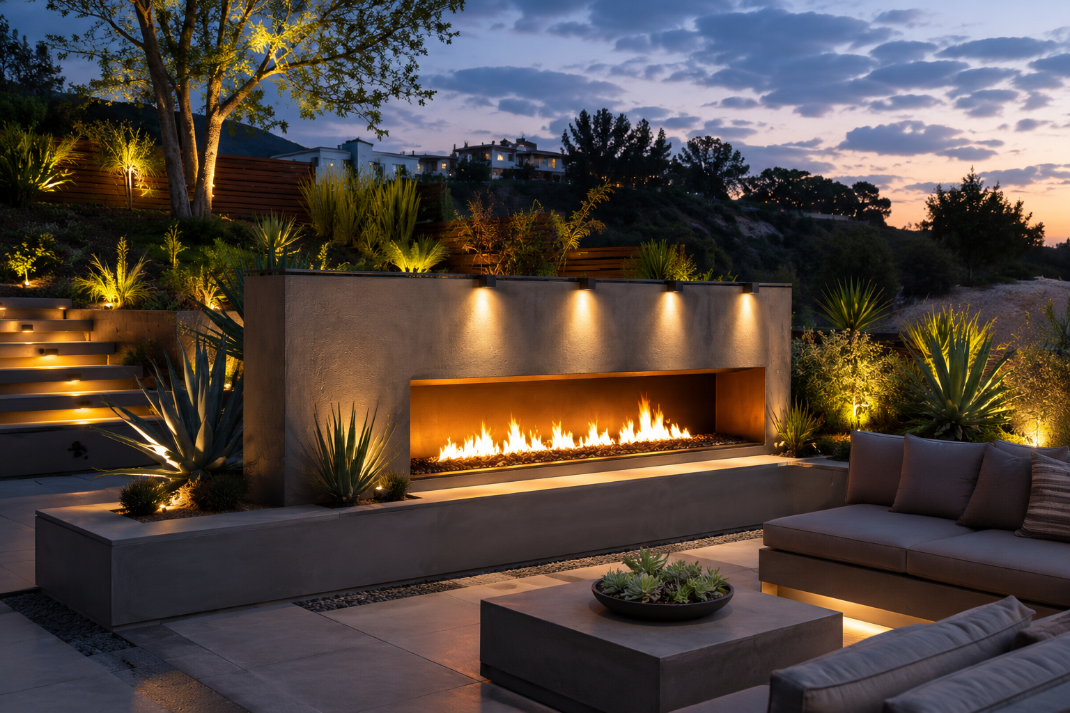 Outdoor living space with a modern fireplace, seating, and landscaped garden illuminated by landscape lighting, with hillside houses in the background during dusk.