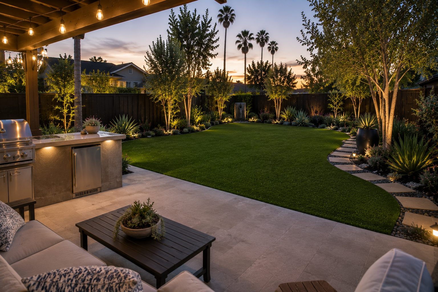 A backyard at dusk with a lit patio area, a green lawn, landscaped garden beds with trees and plants, and a wooden privacy fence. String lights hang above the patio, and there are outdoor furniture and a built-in grill station.