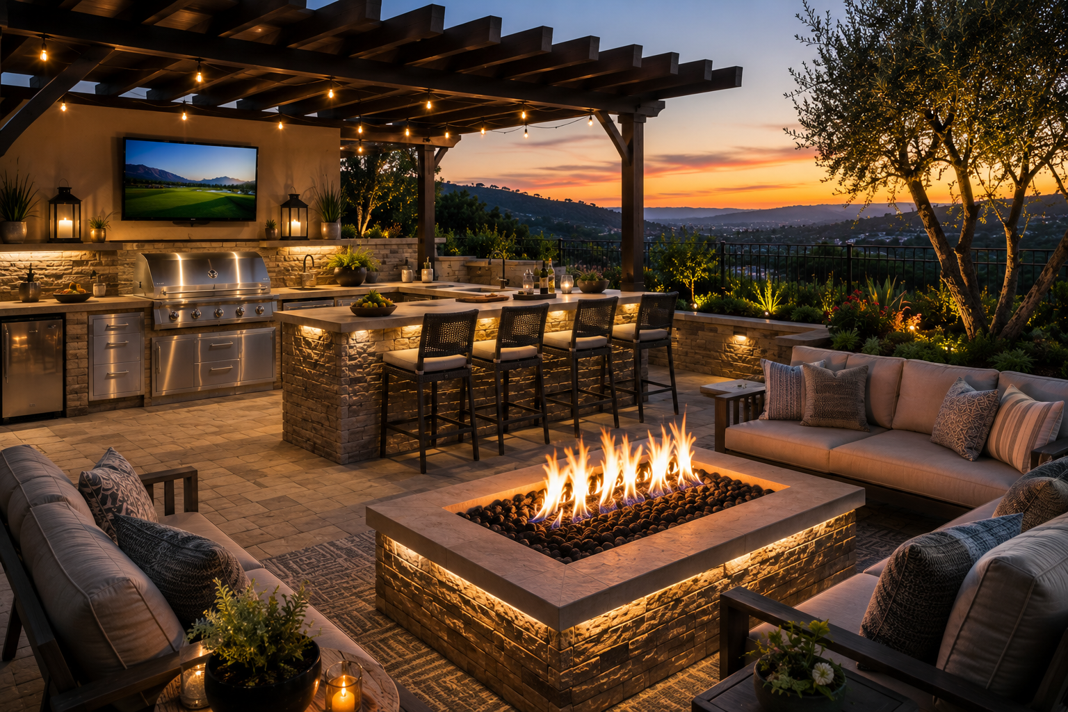 Outdoor patio with fire pit, seating area, kitchen with bar, string lights, TV, sunset view over hills and trees.
