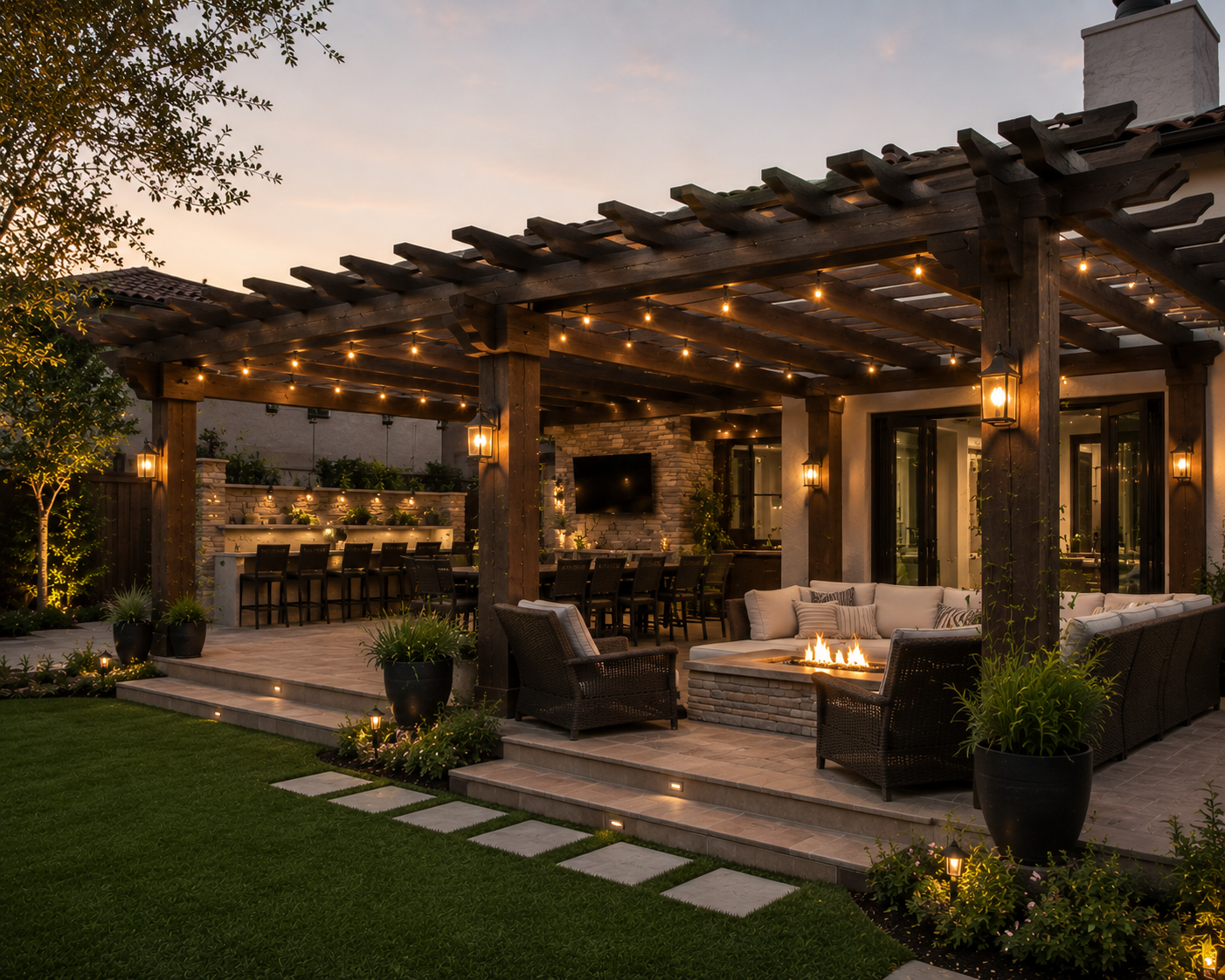An outdoor patio with a fire pit, wicker and cushioned seating, and a pergola with string lights at dusk.