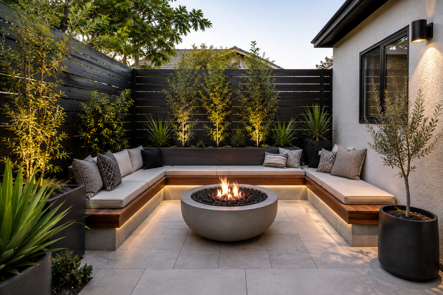 Modern backyard patio with built-in corner seating, decorative pillows, a fire pit in the center, potted plants, and illuminated trees against a black wooden fence.