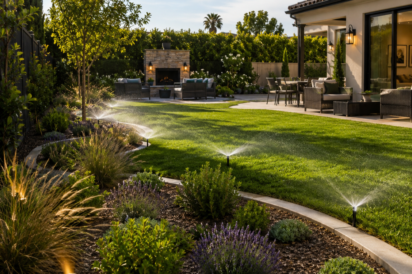 Well-maintained backyard with a lawn, garden beds, outdoor seating area, fire pit, and landscape lighting in the evening.