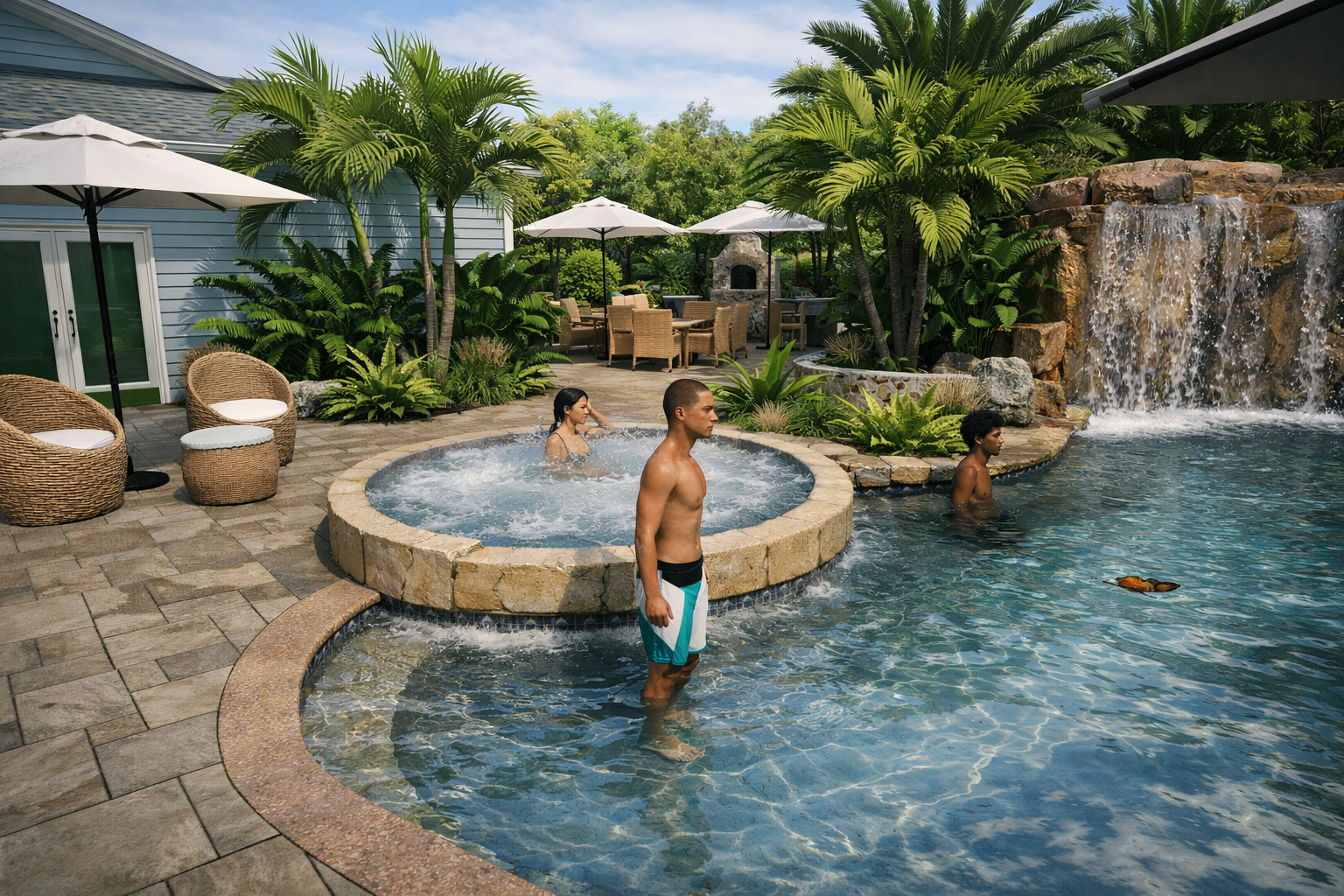 People enjoying a backyard pool area with a waterfall feature, surrounded by lush tropical plants, outdoor furniture, and umbrellas.