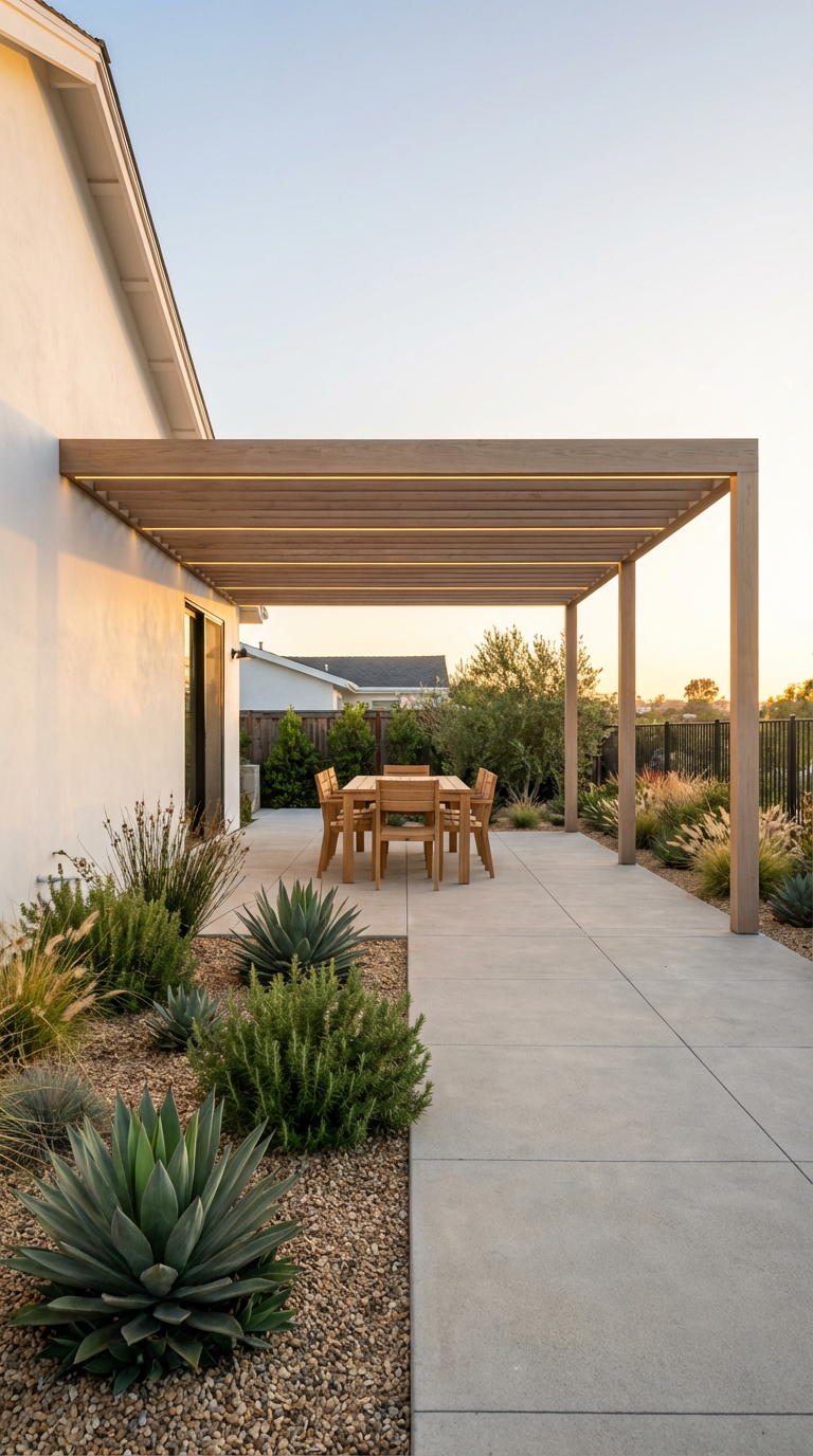 Modern pergola design in a backyard patio. Concrete sand finish draw tolerant landscape.
