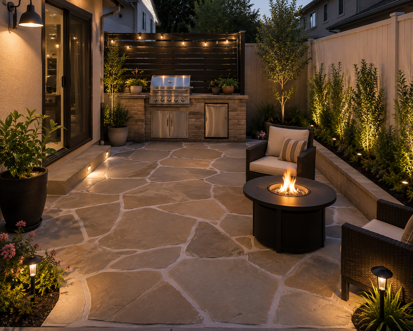 Outdoor kitchen with fire pit and landscape lighting