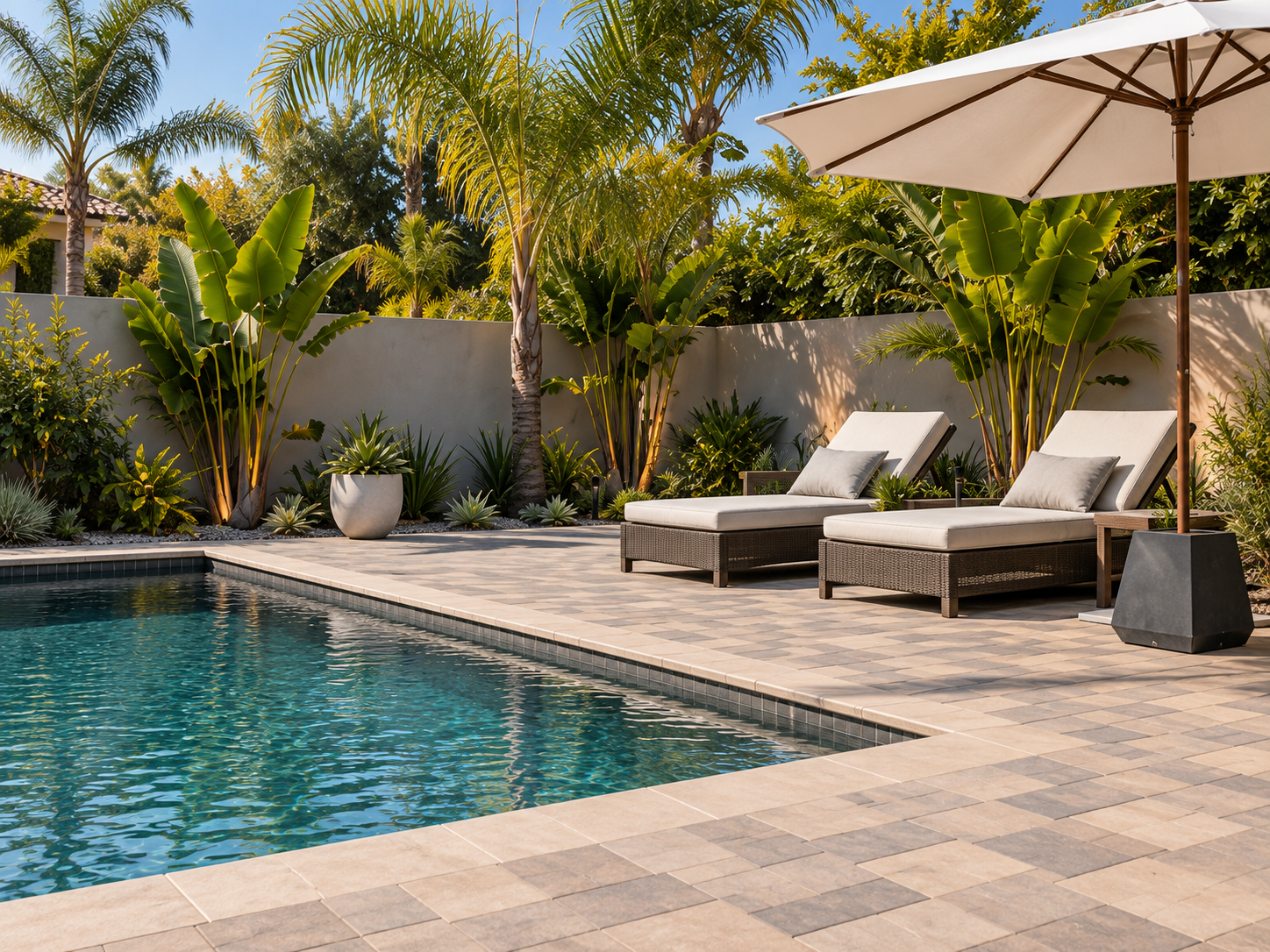 Outdoor swimming pool surrounded by lounge chairs, umbrellas, and lush tropical plants including palm trees and banana plants.