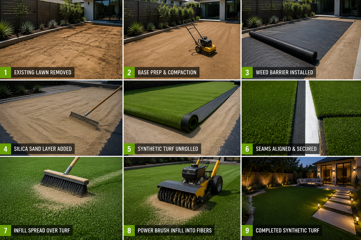 Step-by-step artificial turf installation showing lawn removal, compacted base preparation, weed barrier installation, turf placement, infill application, and completed backyard landscape.
