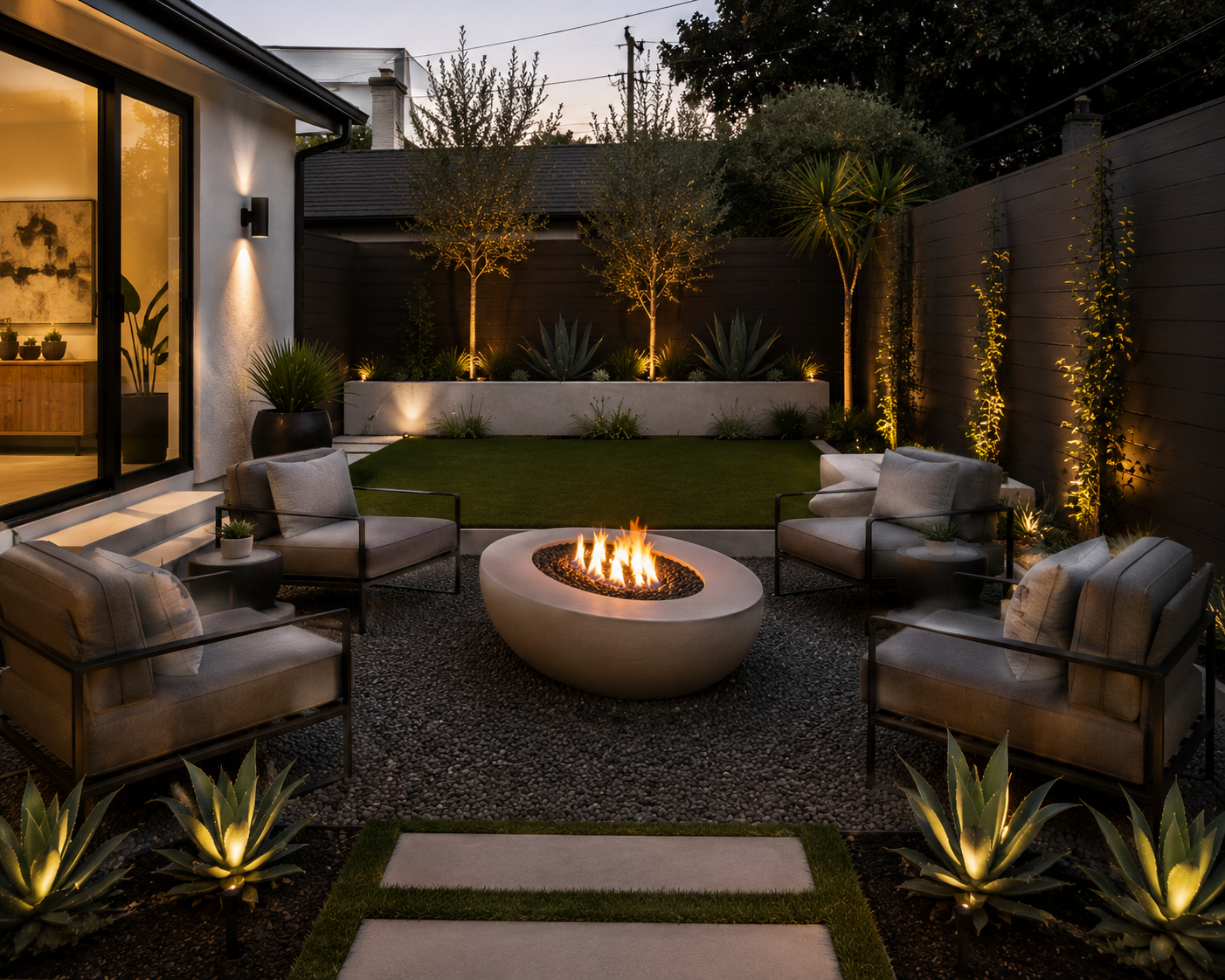 Backyard patio at dusk with a fire pit surrounded by four chairs, lush plants, small trees with lights, and a maintained lawn, with a house interior visible through sliding glass doors.