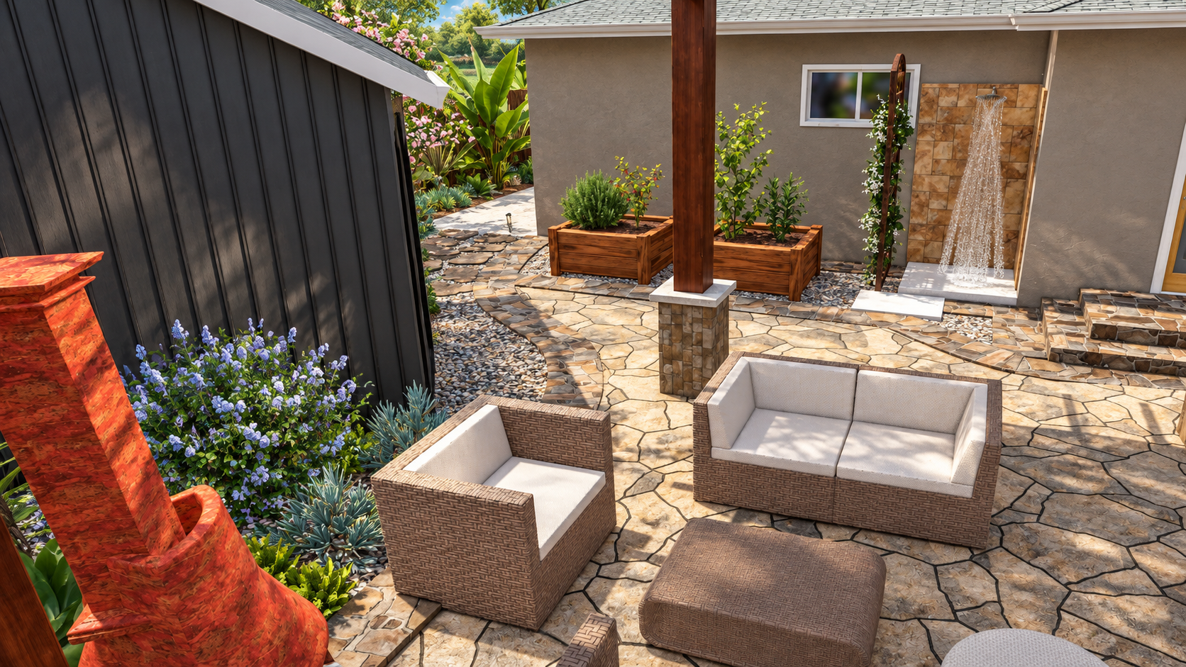 3D landscape design rendering for a San Diego home: backyard patio with stone flooring, outdoor furniture including chairs and sofas, potted plants, a small waterfall feature, and a shaded shower area.