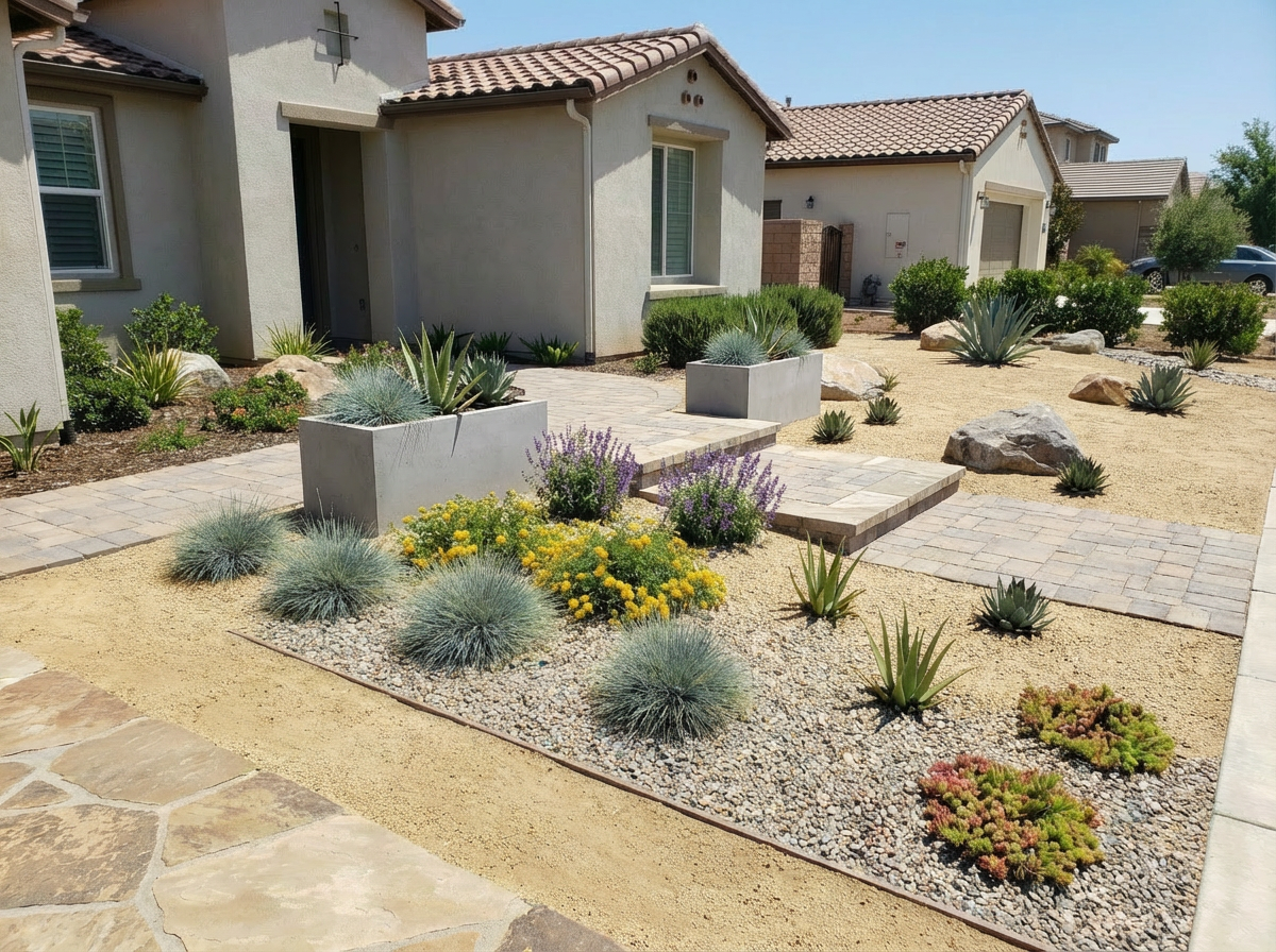 Desert-style front yard landscaping with drought-resistant plants, small bushes, yellow and purple flowers, large rocks, gravel, and a concrete pathway leading to the house.
