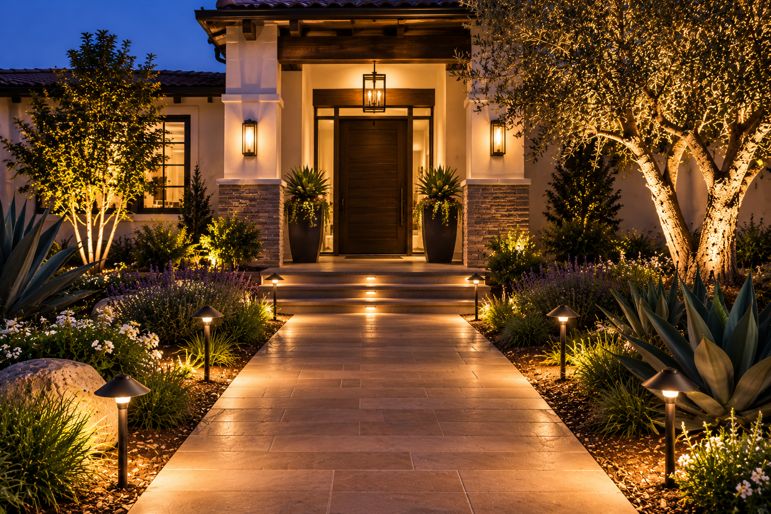 Elegant suburban home with illuminated pathway, front steps, large potted plants, manicured garden, trees, and exterior lighting at dusk.