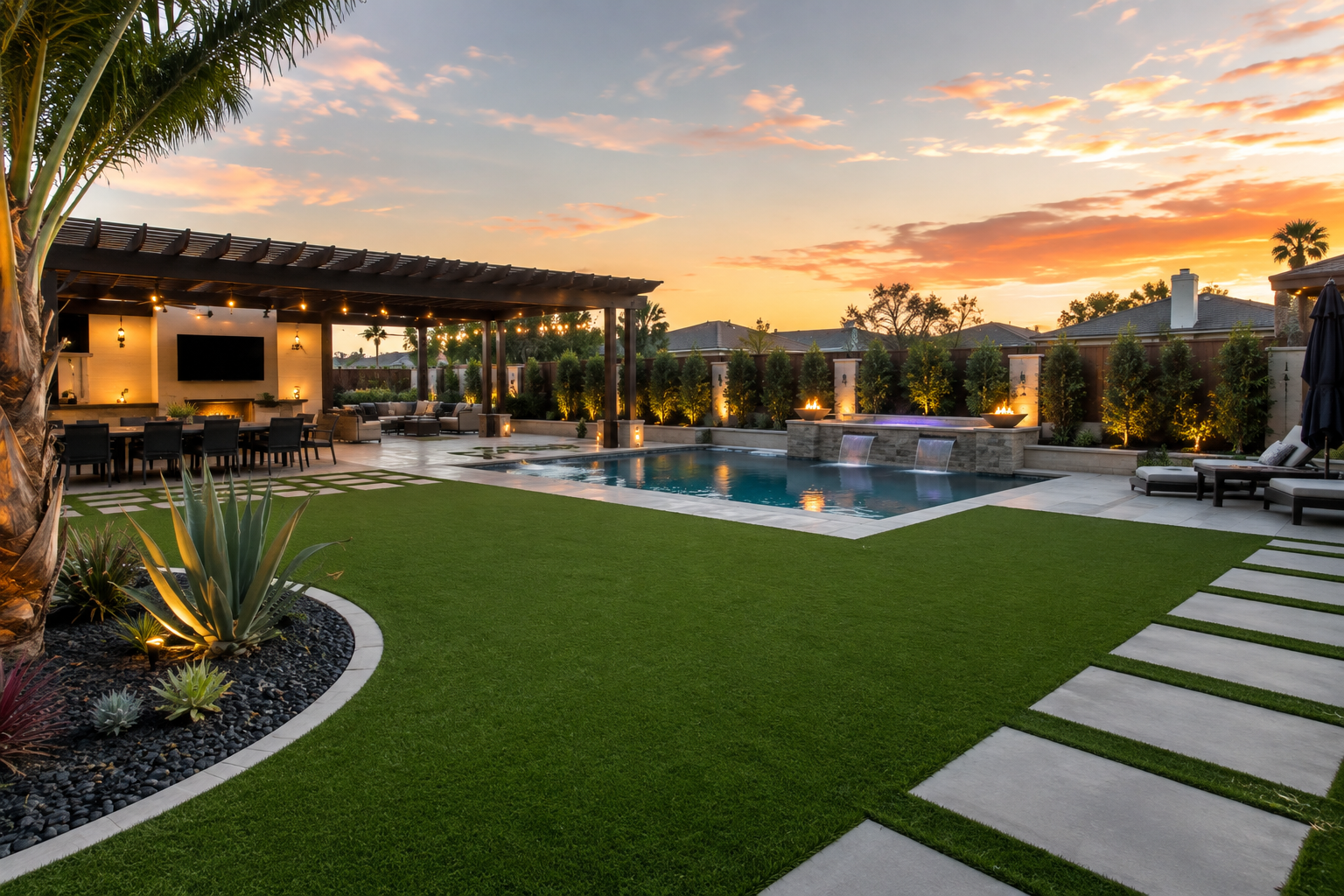 Backyard landscape featuring a grassy lawn, outdoor seating area, mature trees, and surrounding plants creating a comfortable residential outdoor space.