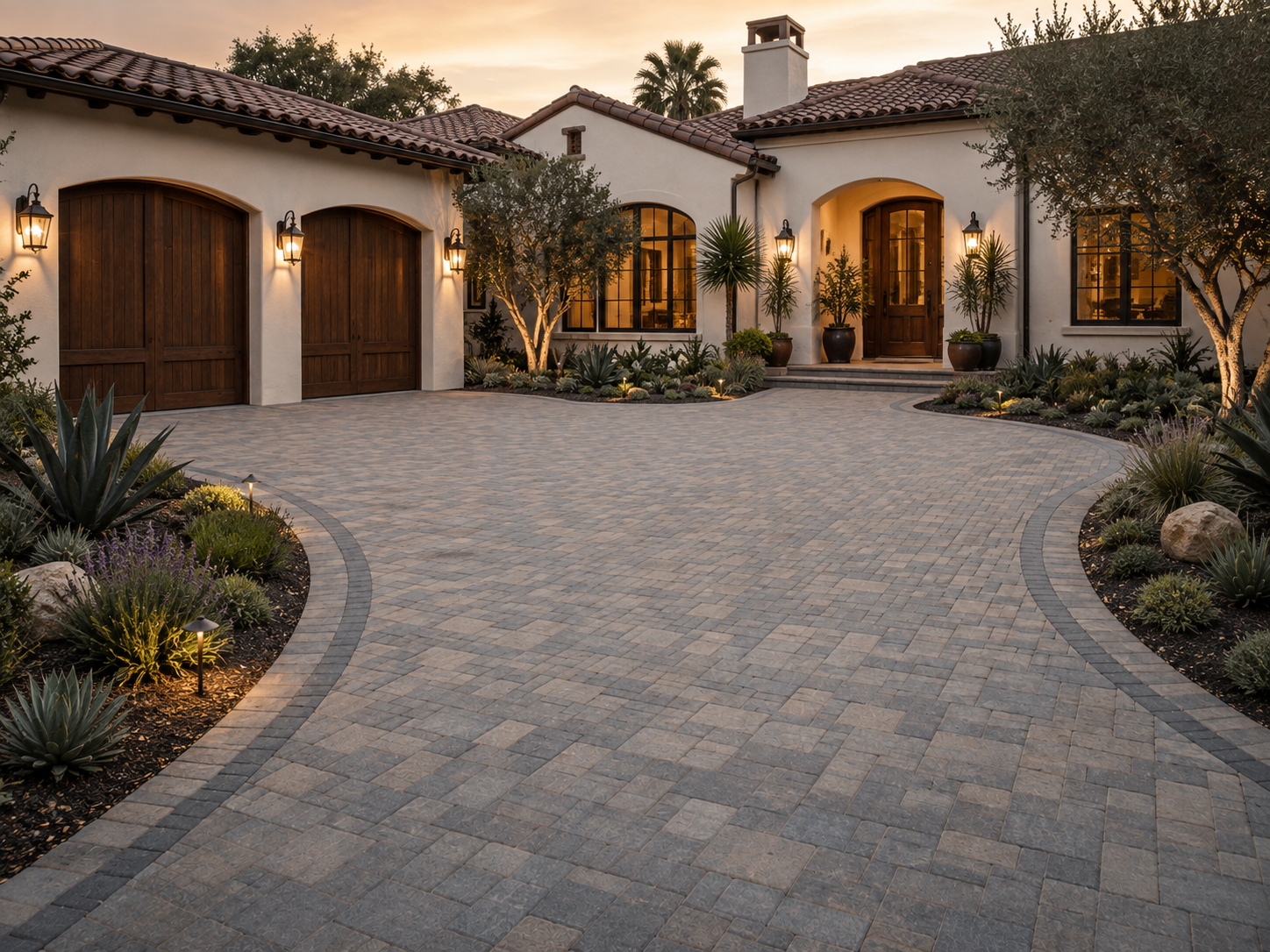 A luxurious Mediterranean-style house with a paver driveway, lush plants, and warm exterior lighting at dusk.