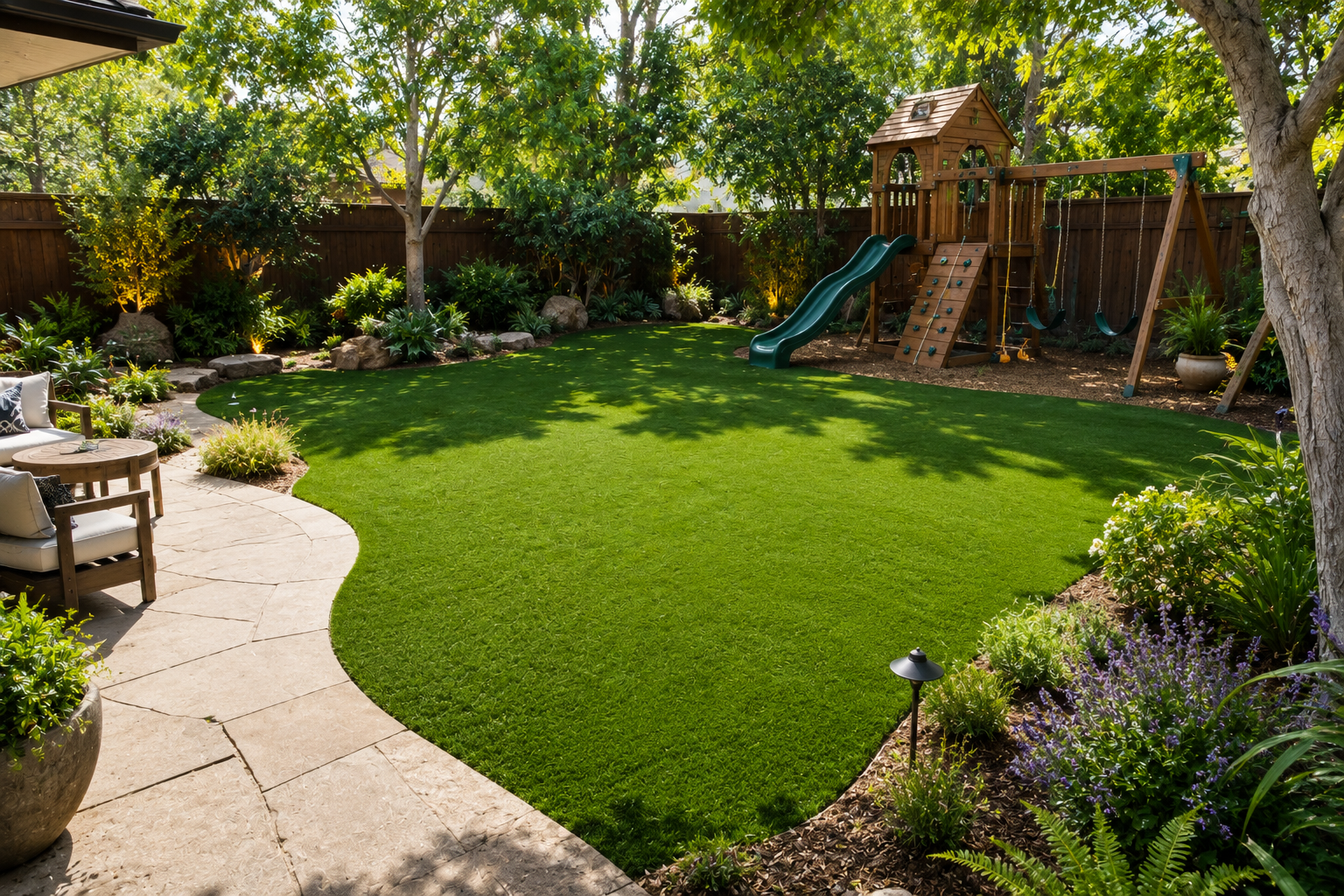 San Diego Zone 0 fire-conscious landscape design featuring a modern backyard patio with drought-tolerant plants, large decorative rocks, fire pit, outdoor seating, and low-maintenance landscaping.