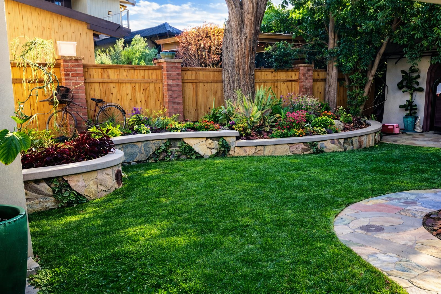 A backyard garden with a curved flower bed filled with colorful blooming flowers and green foliage, a green well-maintained lawn, a stone pathway, a wooden fence, a tree, and some outdoor items like a bicycle and pink watering can.