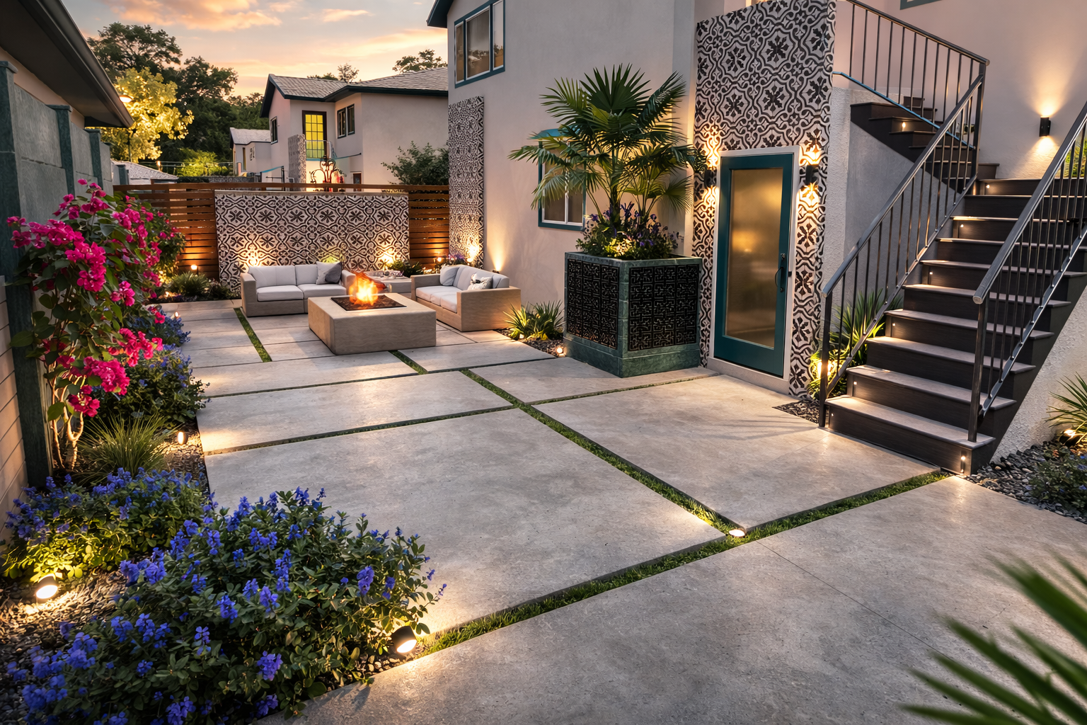 A modern backyard patio with outdoor seating, a fire pit, garden lighting, potted plants, and adjacent stairs with lighting, during sunset.