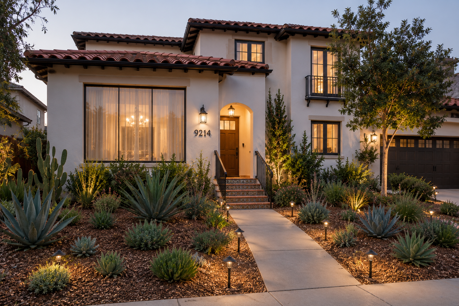 Front yard landscape with pathway lighting and succulents