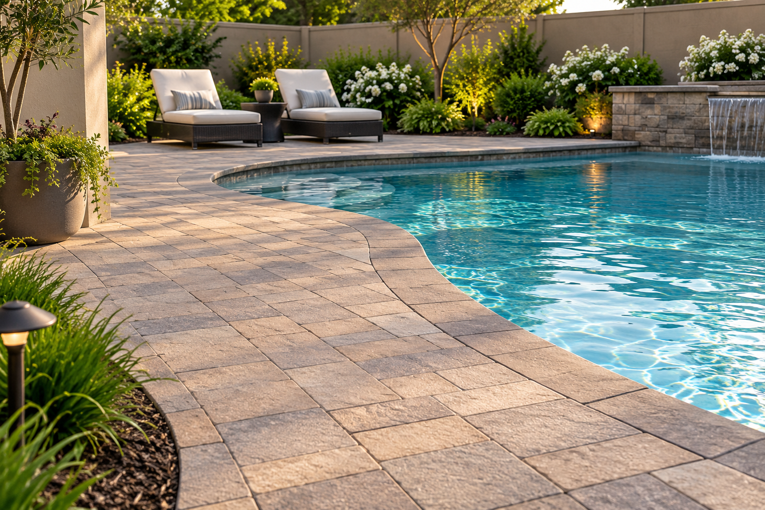 A backyard swimming pool with a curved edge, surrounded by stone pavers, outdoor lounge chairs with cushions, potted plants, lush bushes, flowers, and trees, with a water fountain feature in the background, illuminated by warm outdoor lighting.
