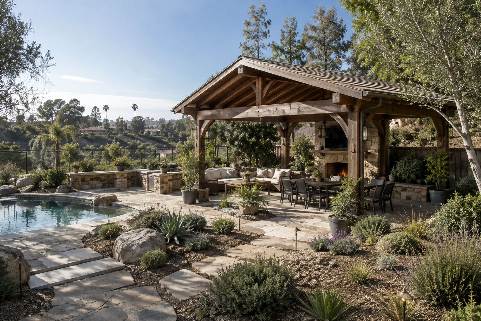 An outdoor backyard with a swimming pool, stone pathways, potted plants, and a covered patio area with seating and a fireplace.