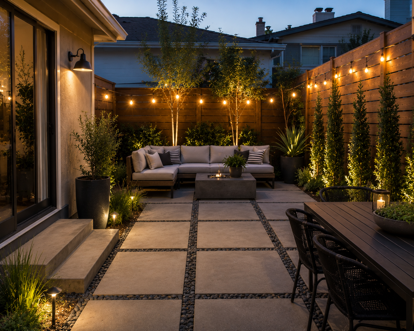 Modern patio with fire feature and landscape lighting