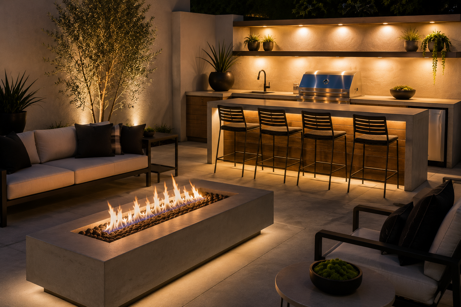 Outdoor patio with modern fire pit, seating area with sofa and chairs, and a bar with four high chairs, illuminated by warm lighting.