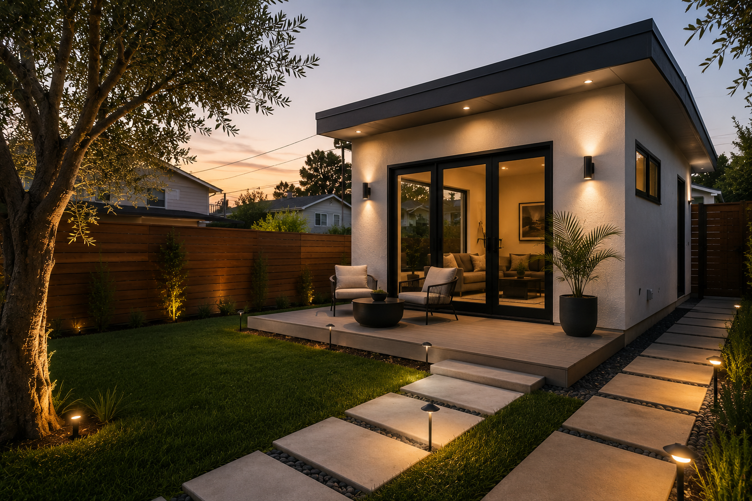 Modern backyard patio with outdoor seating, potted plant, and pathway lights at dusk.