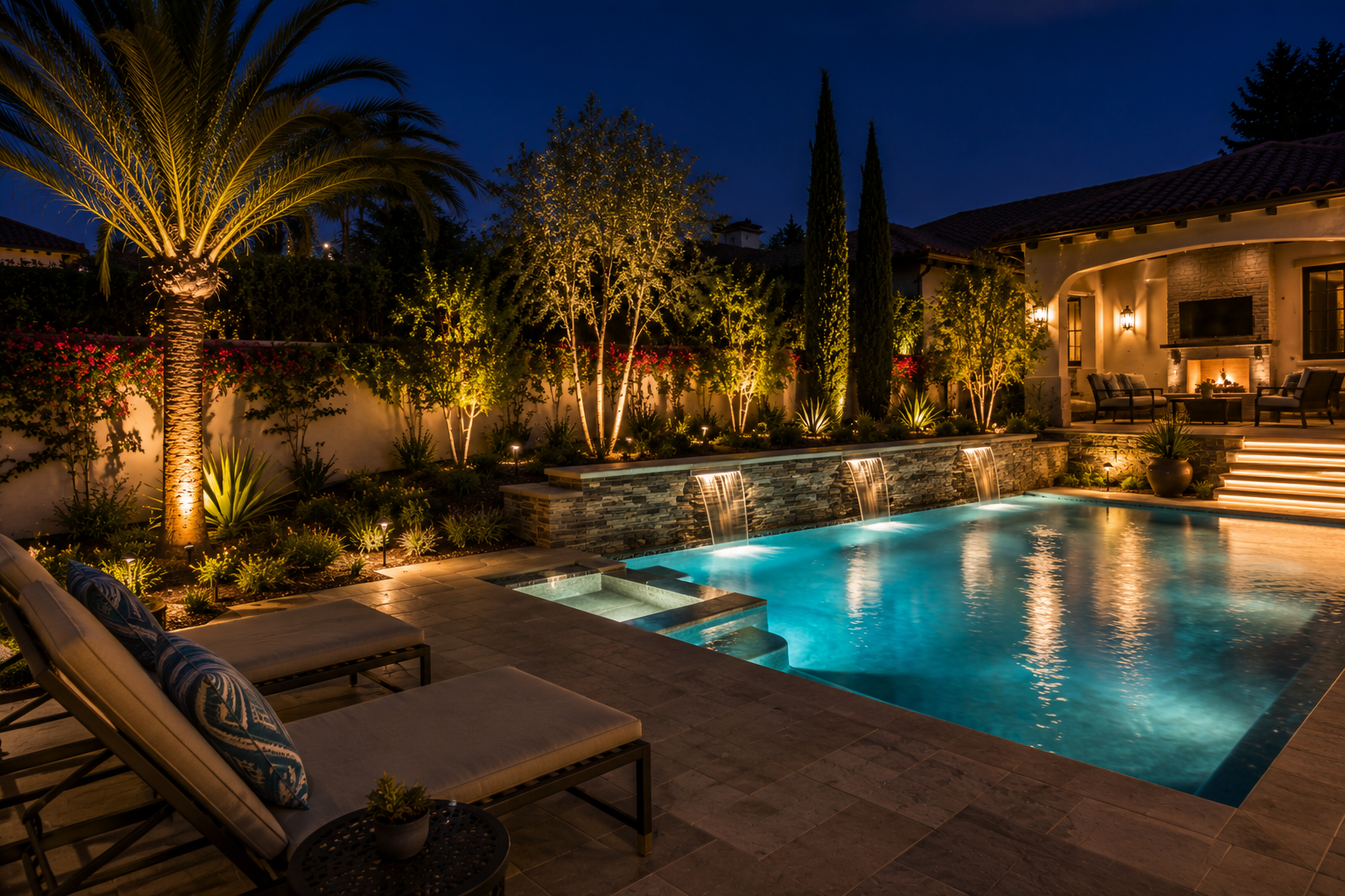 A backyard at night with a lit swimming pool, palm trees, and outdoor seating area.