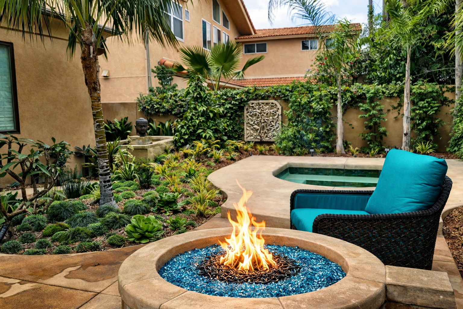 A backyard patio with a fire pit, lounge chair with teal cushion, swimming pool, lush greenery, palm trees, and decorative wall art.